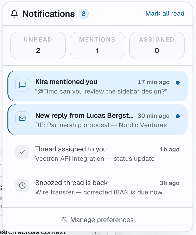 Relay notifications panel showing unread items, mentions, and assignments.