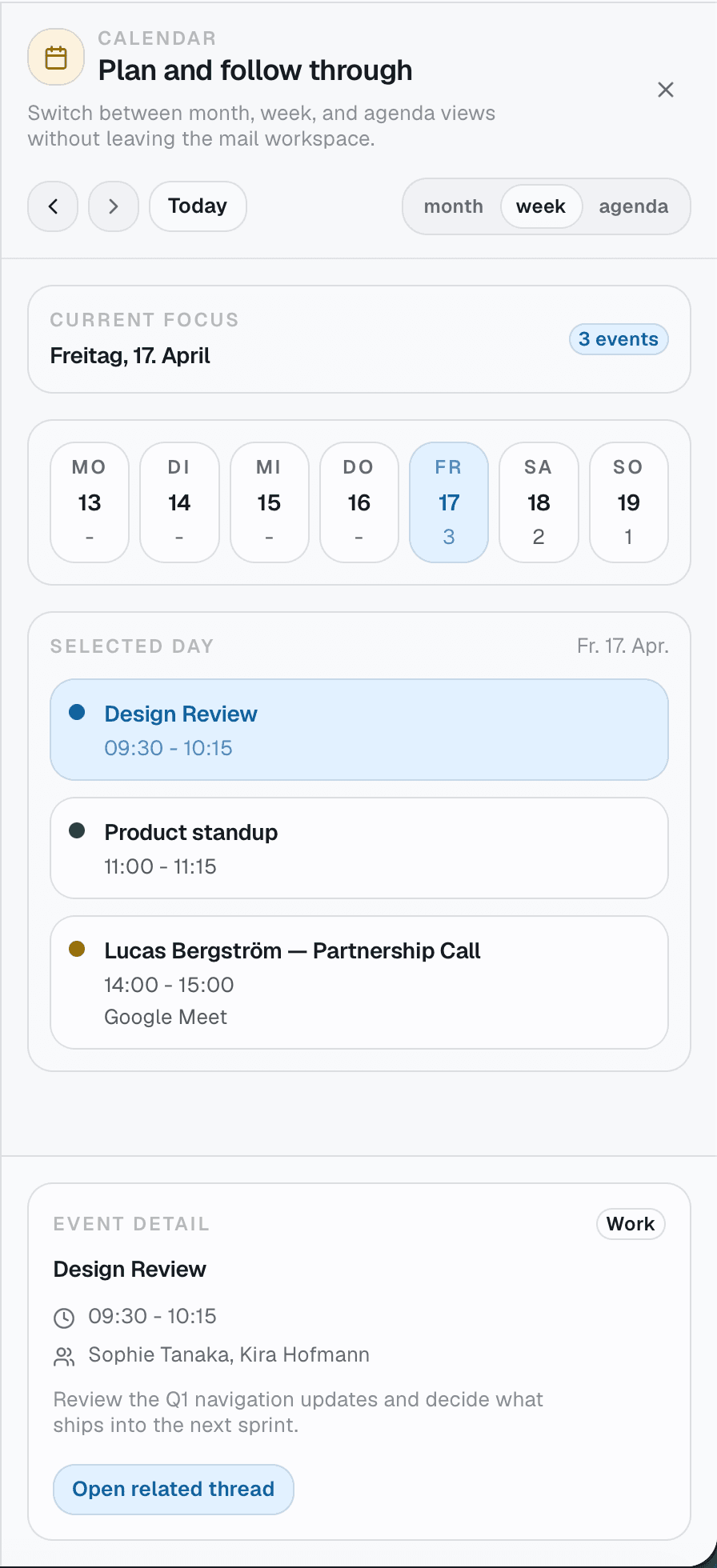 Relay calendar view showing weekly schedule, selected day, and event detail linked to email context.