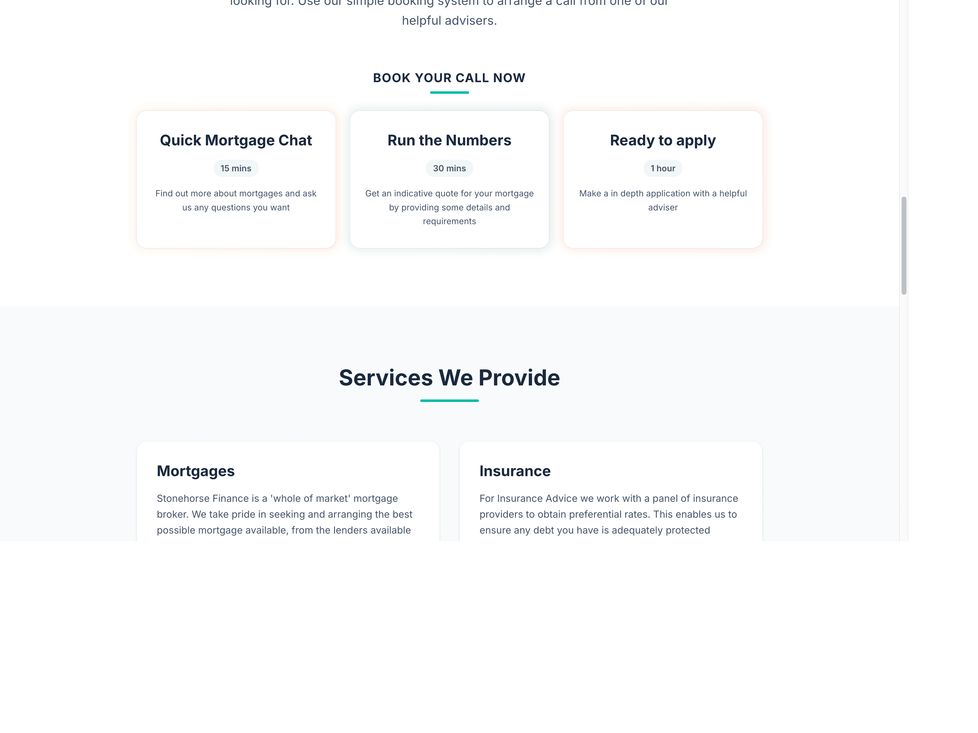 Stonehorse Finance services section with mortgages, insurance, and supporting finance-related services.