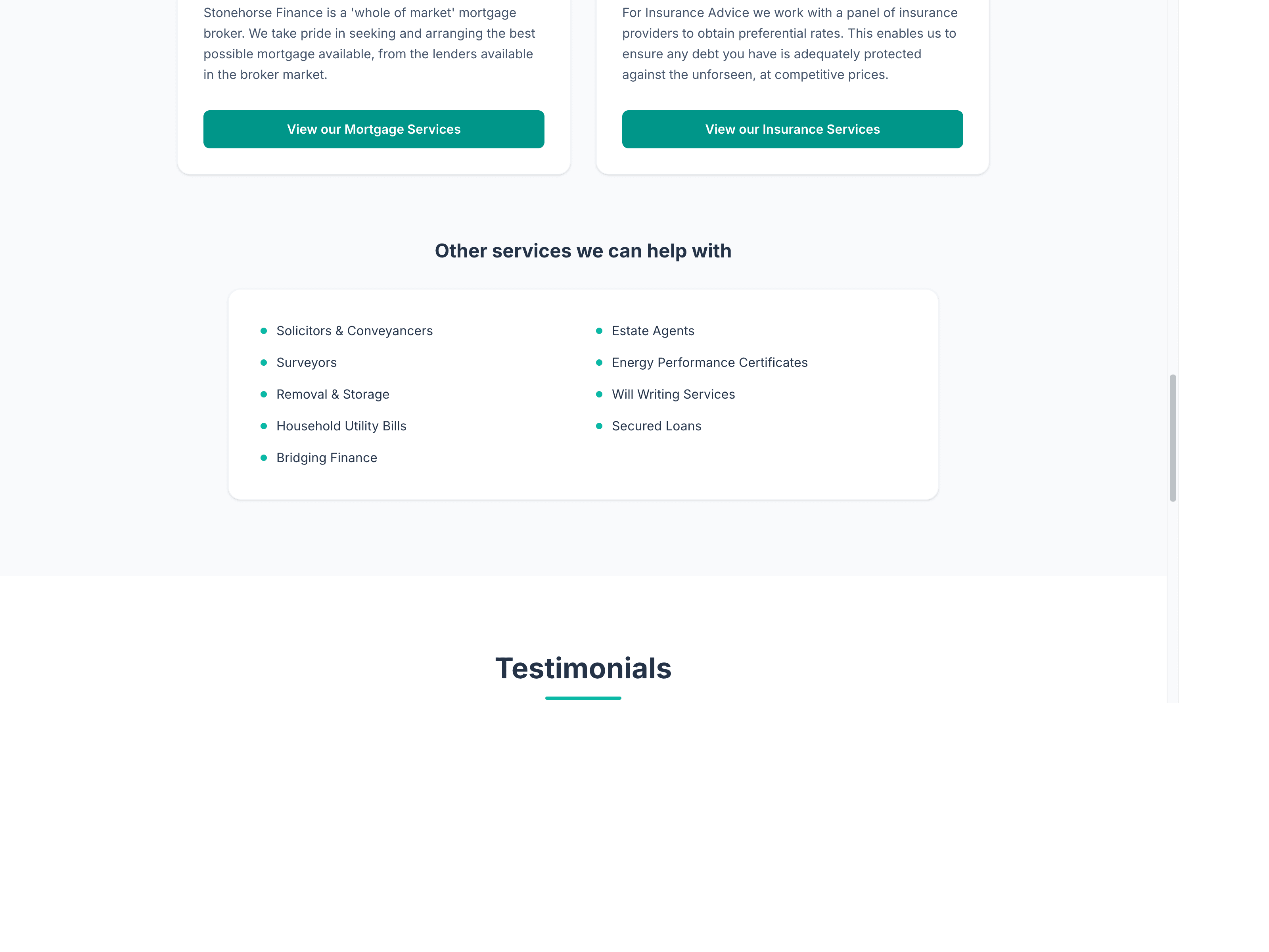 Stonehorse Finance lower-page section showing testimonials and supporting trust content.