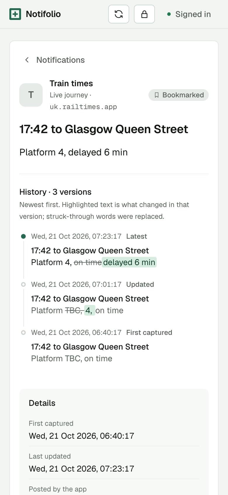 One notification on a phone, with every version and the words that changed highlighted