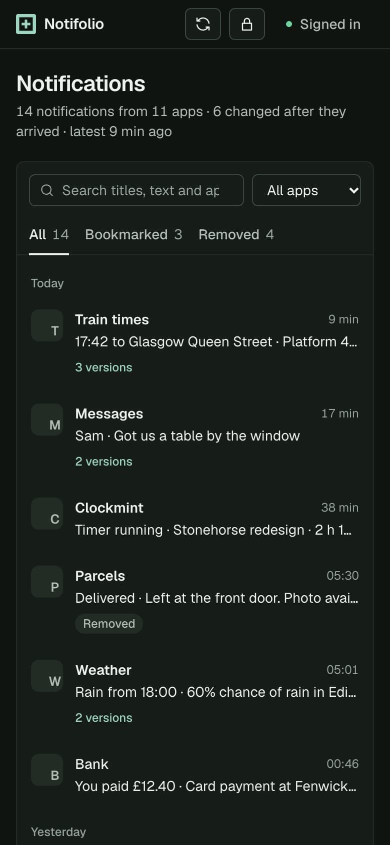 The reader on a phone: notifications grouped by day, with how many versions each has
