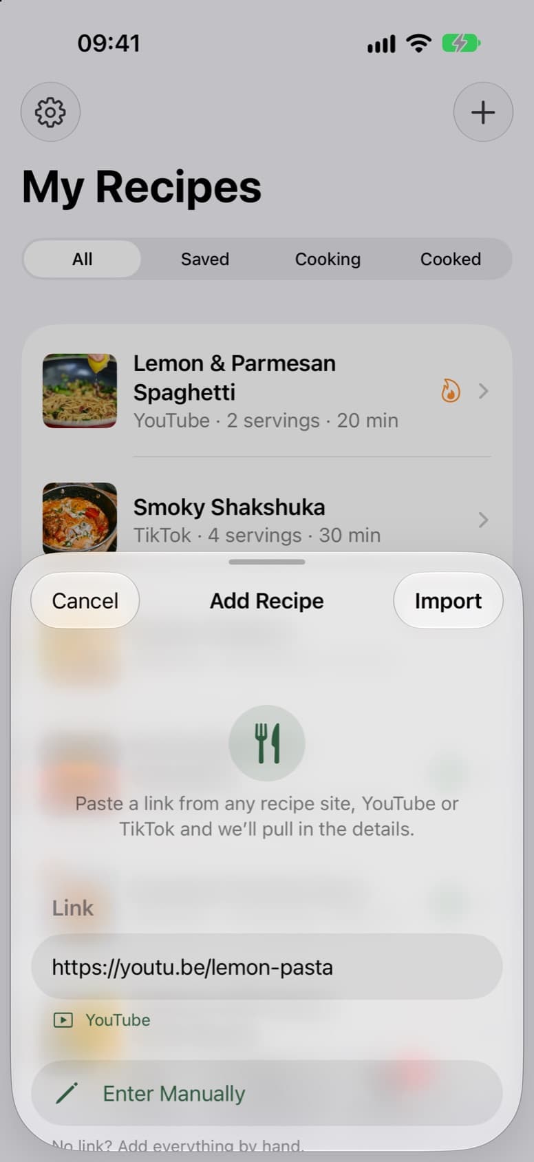 Adding a recipe by pasting a YouTube link into Plated