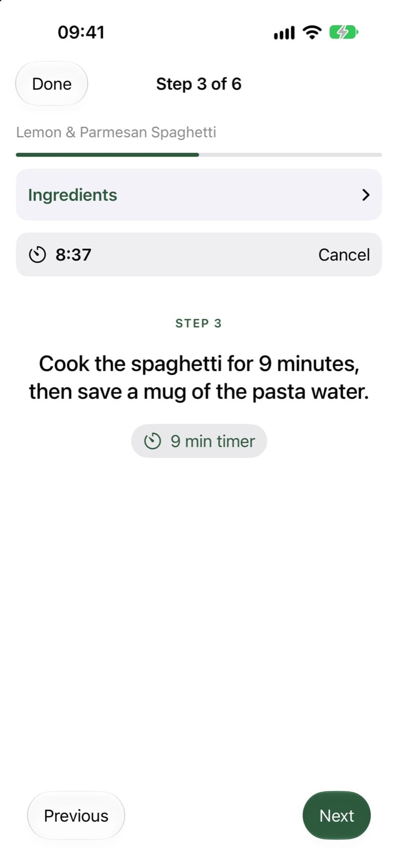 Cook mode on step 3 of 6, with a 9 minute timer running