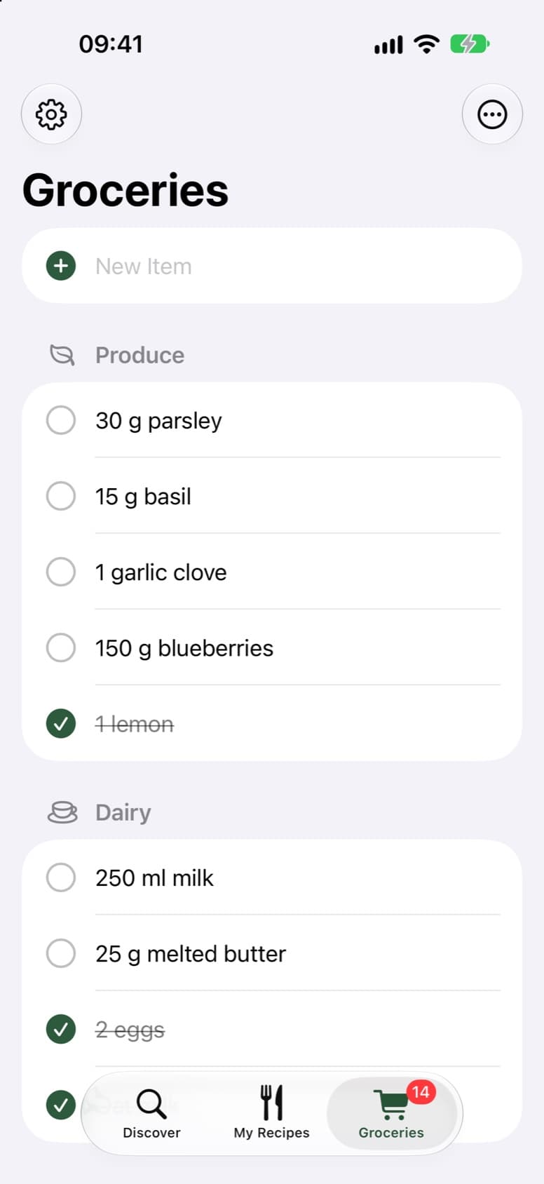 The grocery list, grouped into produce and dairy, with some items ticked off