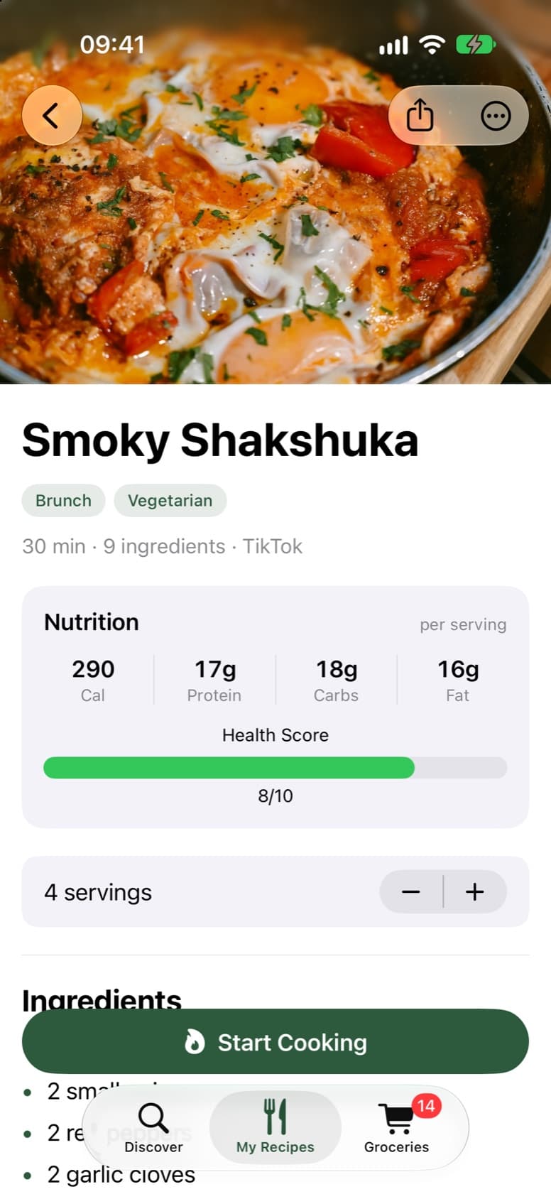 A recipe for smoky shakshuka as Plated imported it from TikTok, with tags and nutrition